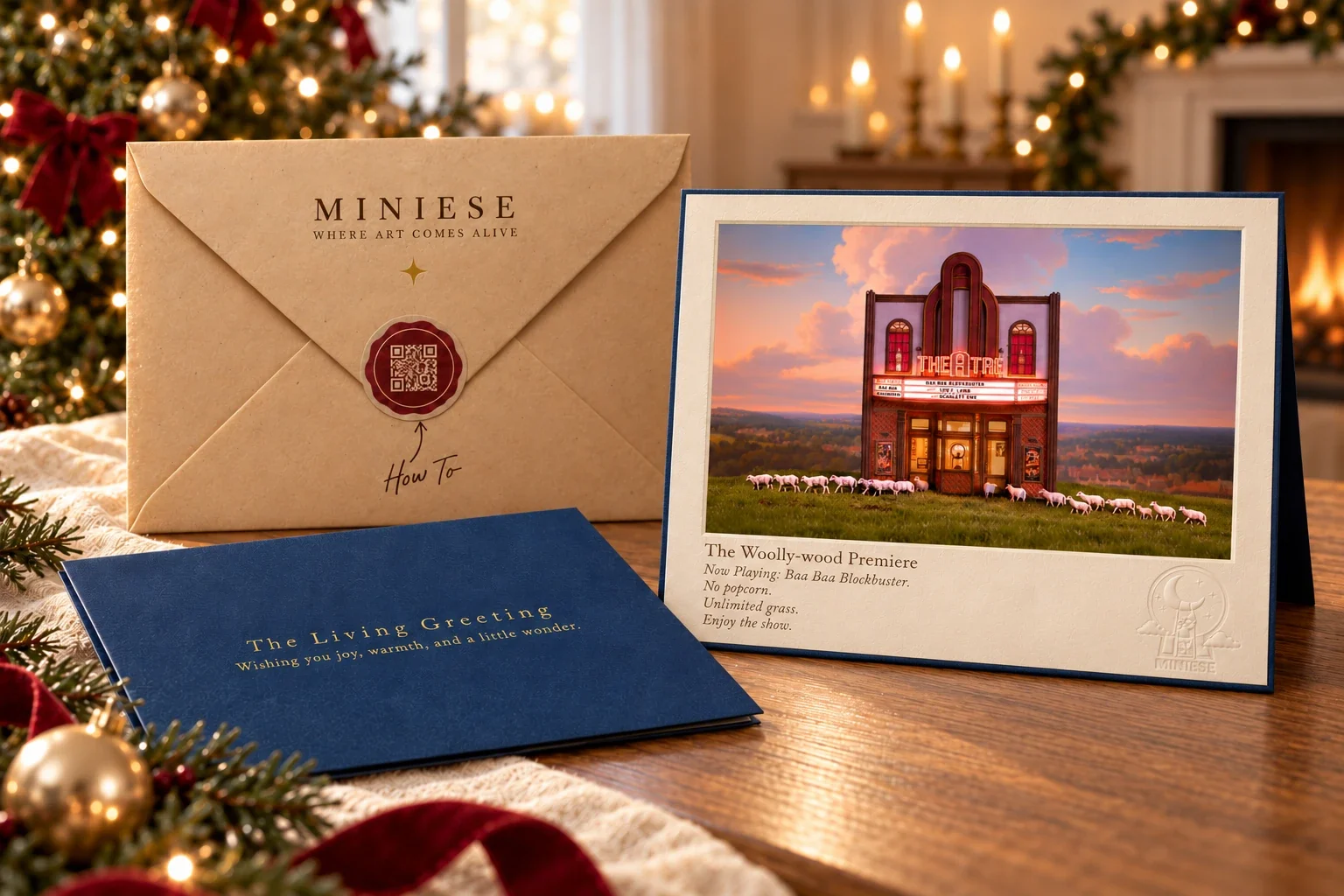 The Woolly-wood Premiere card standing on a table beside its kraft envelope and navy cover, a Christmas tree and a fire behind